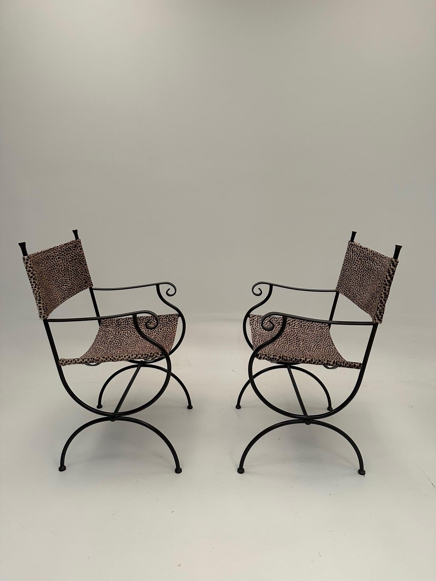 Chic Pair of Hand Wrought Iron Armchairs with Cowhide Animal Print Upholstery 1