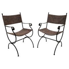 Chic Pair of Hand Wrought Iron Armchairs with Cowhide Animal Print Upholstery