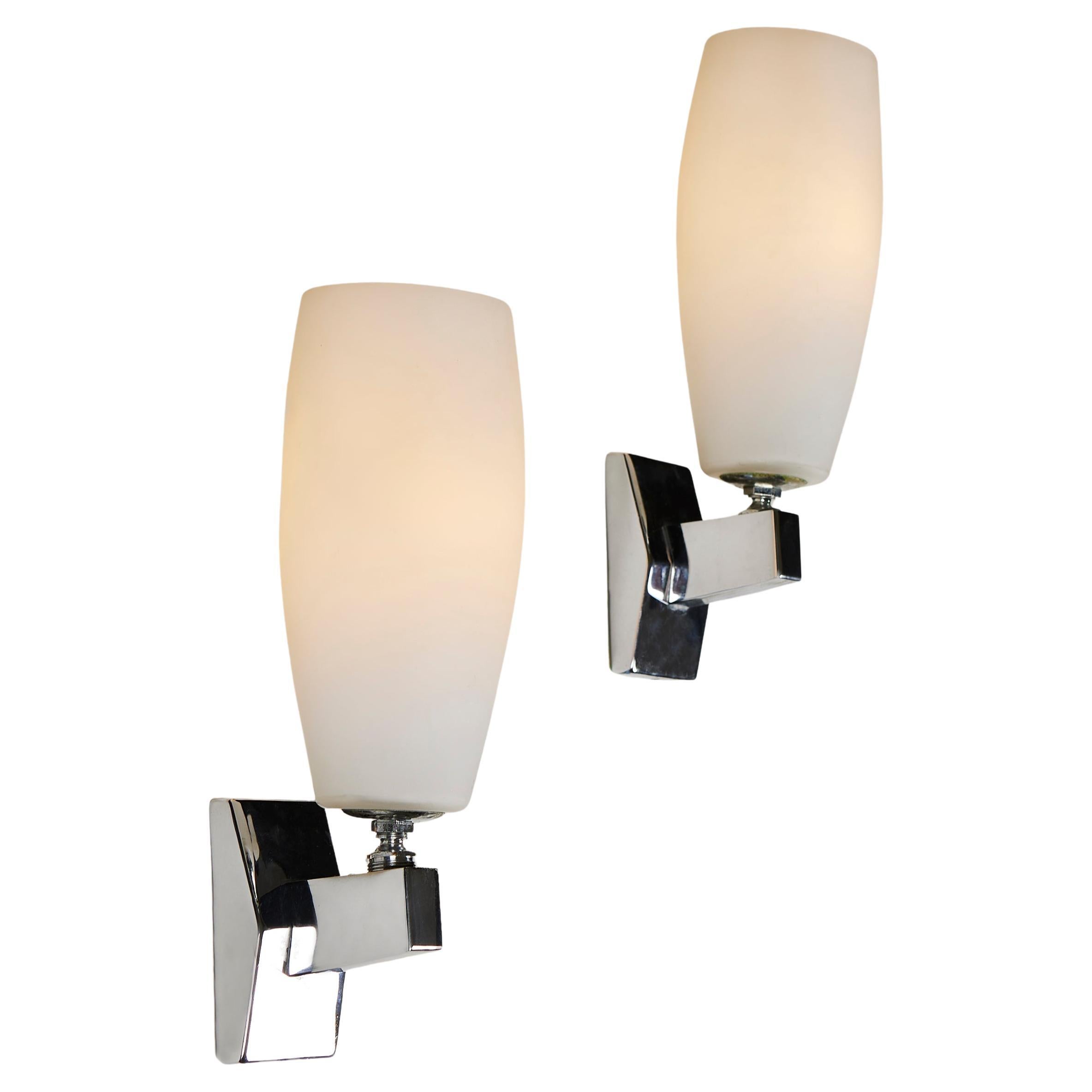 Chic Pair of Italian 1960s chrome and white glass wall lights