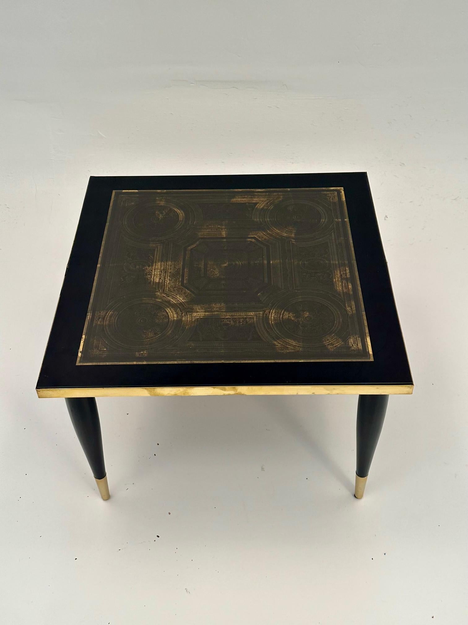 Chic Pair of Italian Black and Gold End Tables in the Style of Fornasetti 7