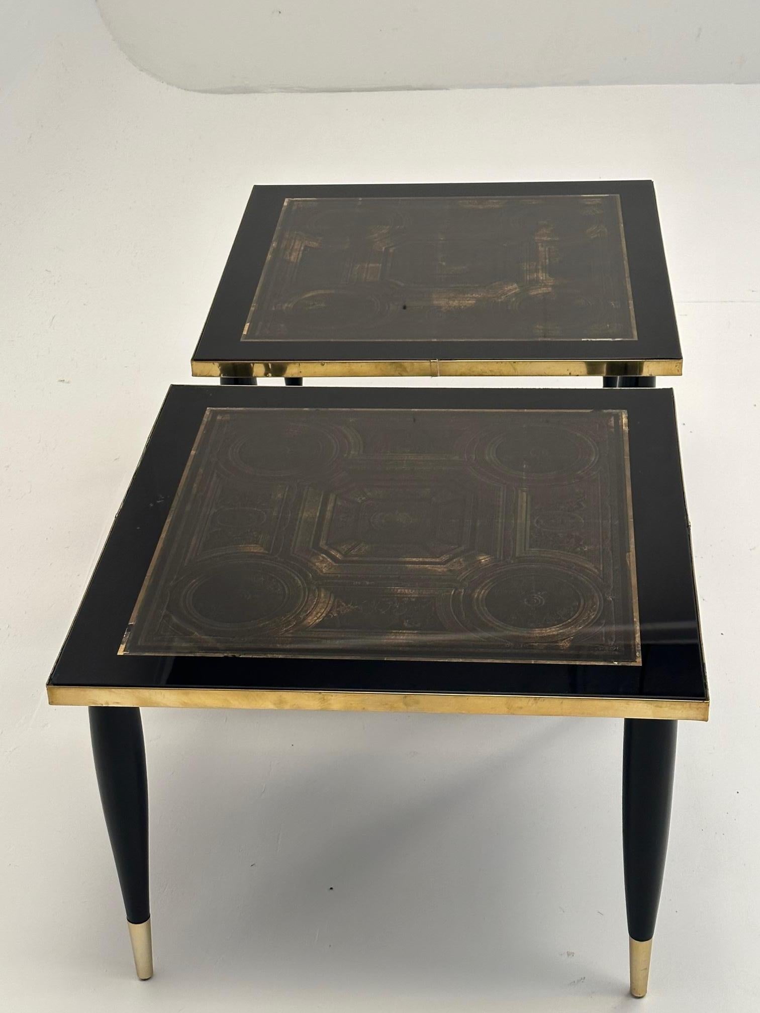 Glass Chic Pair of Italian Black and Gold End Tables in the Style of Fornasetti