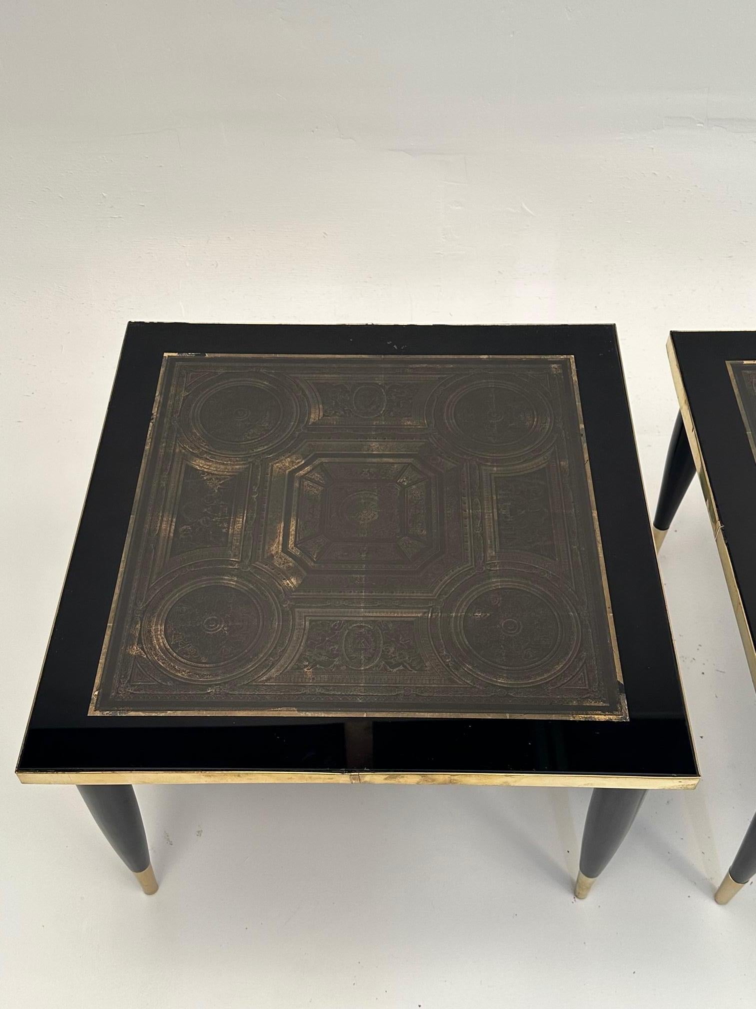Chic Pair of Italian Black and Gold End Tables in the Style of Fornasetti 2