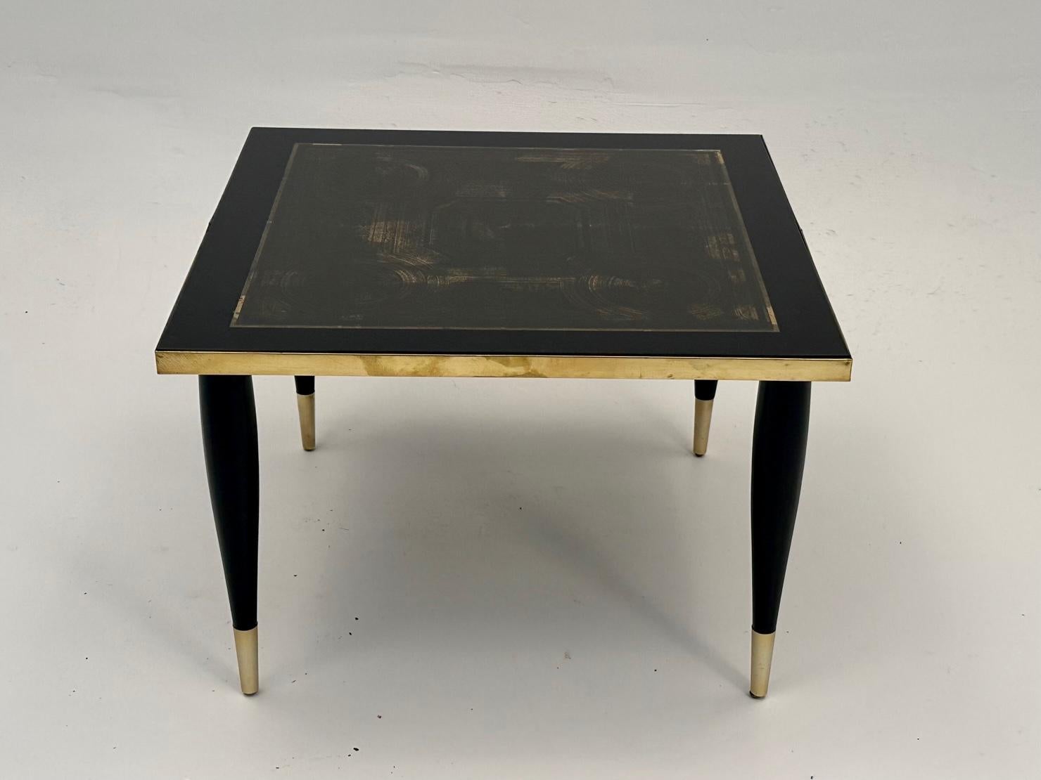 Chic Pair of Italian Black and Gold End Tables in the Style of Fornasetti 4