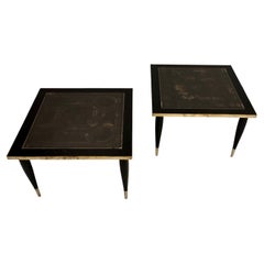 Chic Pair of Italian Black and Gold End Tables in the Style of Fornasetti