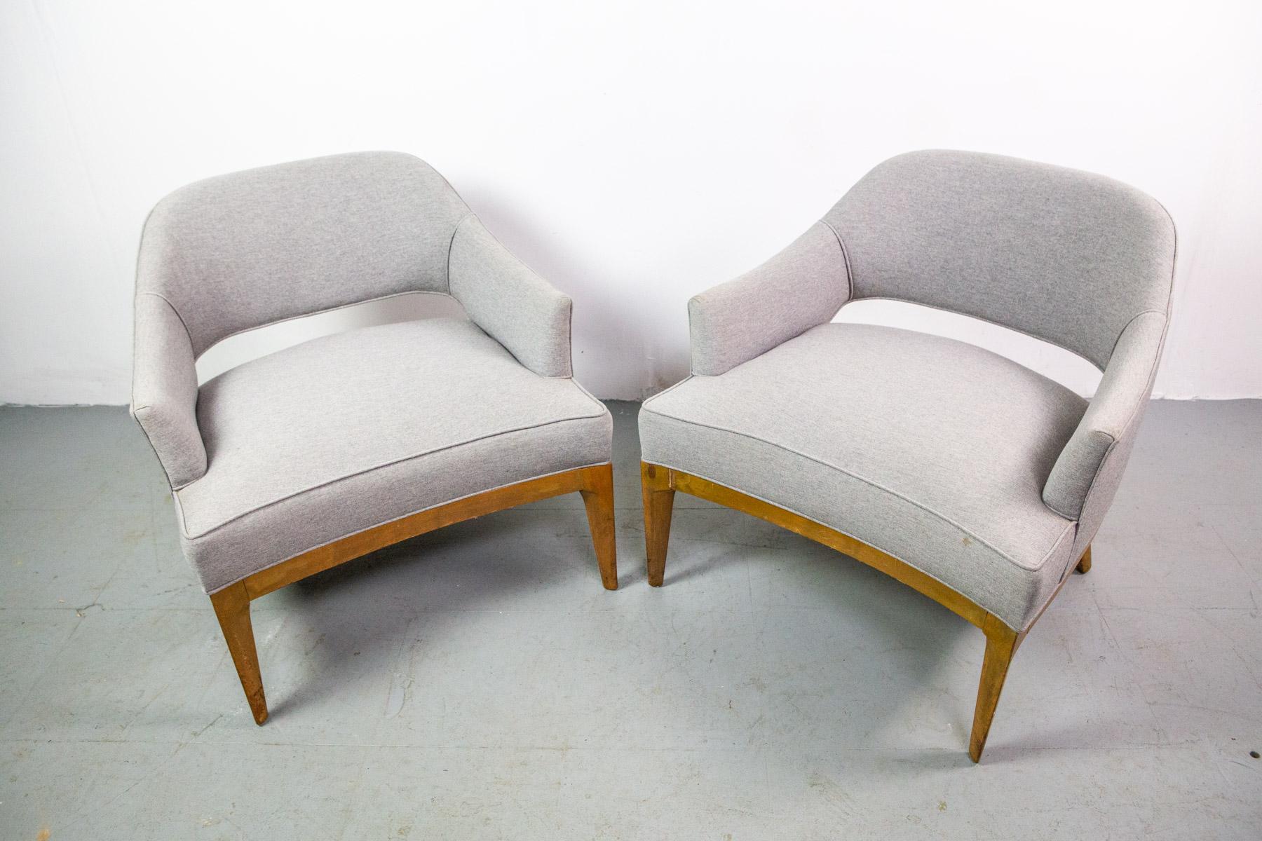 A chic pair of Harvey Probber lounge chairs. The fin shaped legs flow into the frame at an angle making a beautiful sculptural statement. These versatile chairs are super comfortable and handsome.