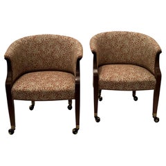 Chic Pair of Mahogany & Coral Motif Upholstered Club Chairs