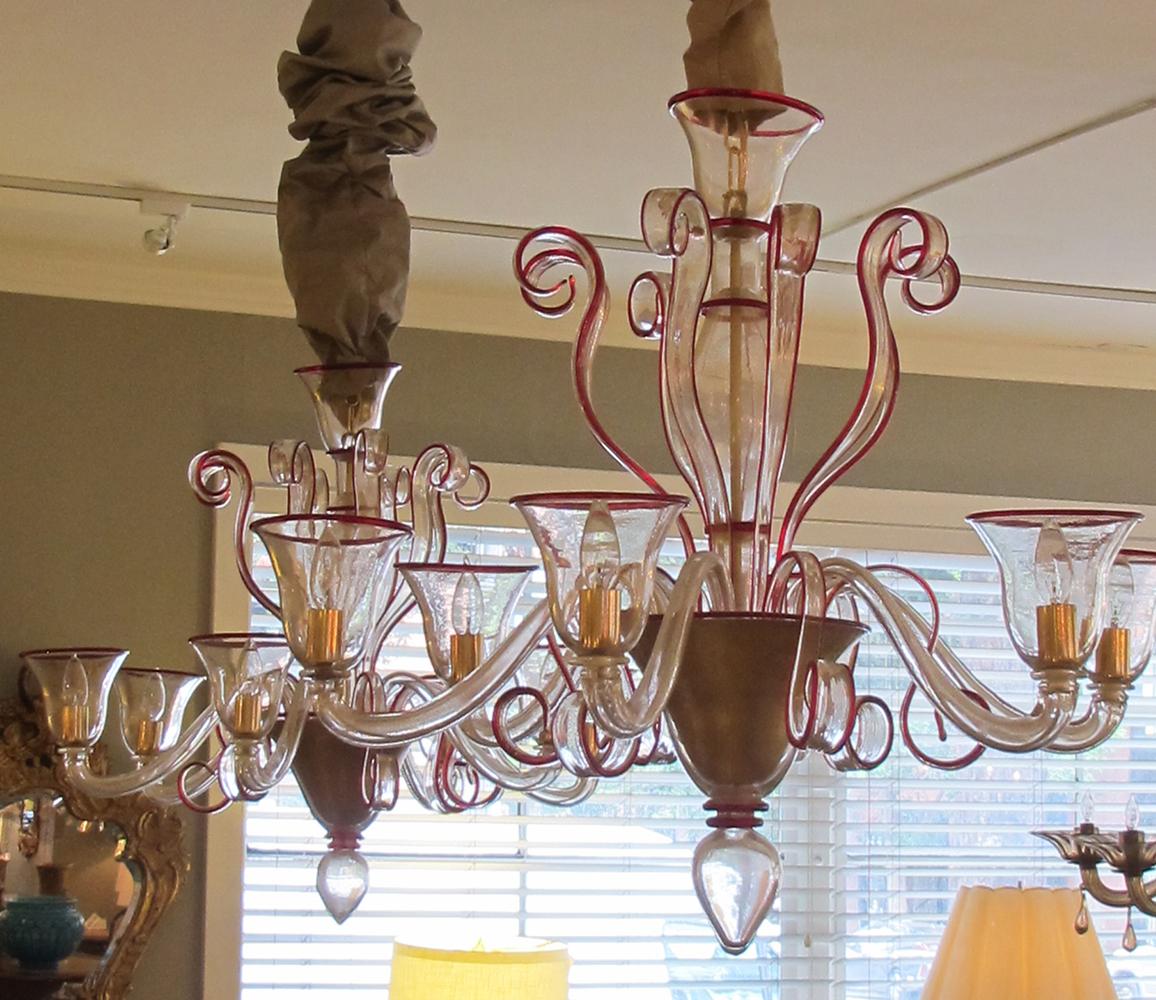 Modern Chic Pair of Murano Gold-Aventurine 6-Light Chandeliers with Ruby-Red Edging