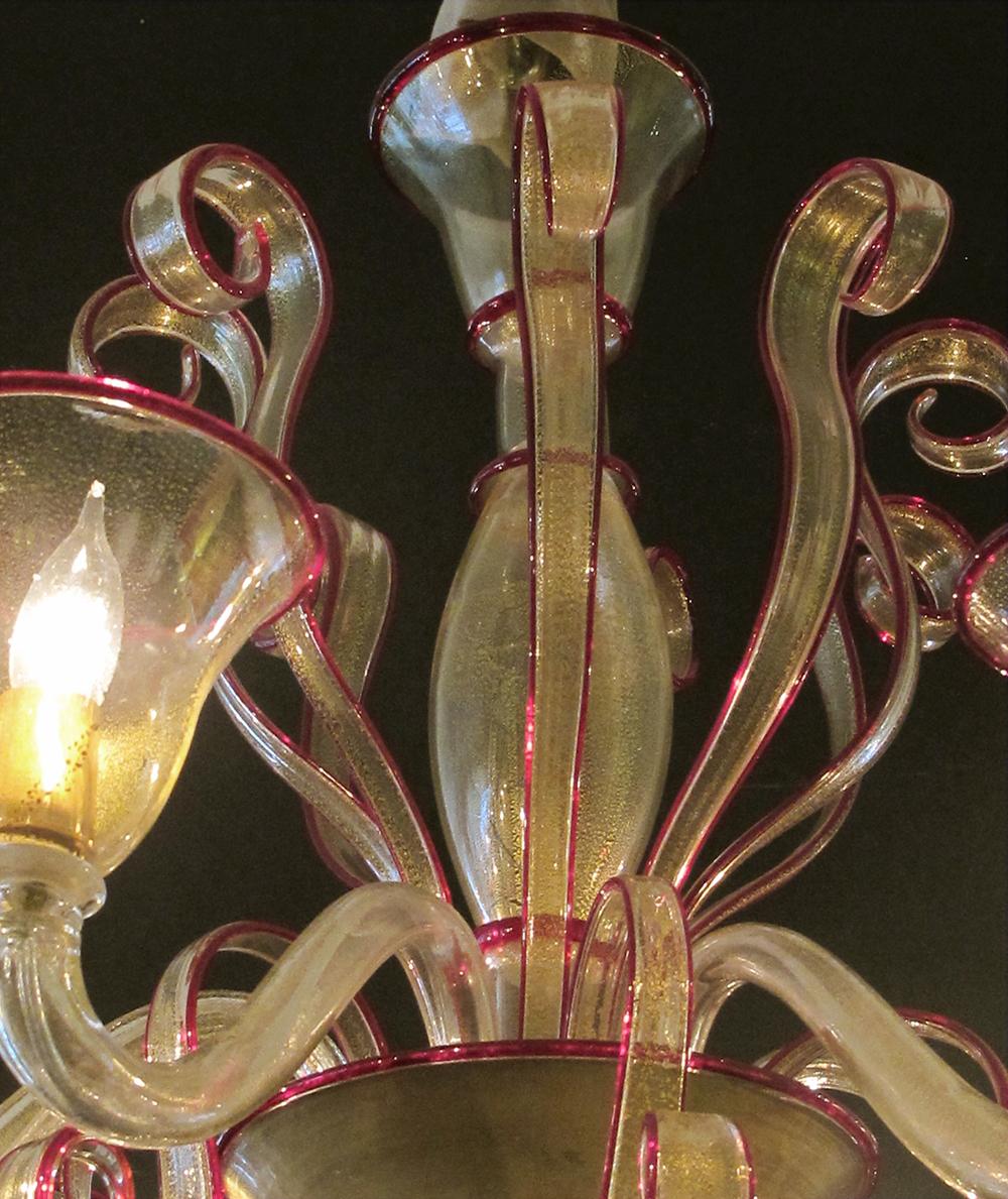 Chic Pair of Murano Gold-Aventurine 6-Light Chandeliers with Ruby-Red Edging In Good Condition In San Francisco, CA