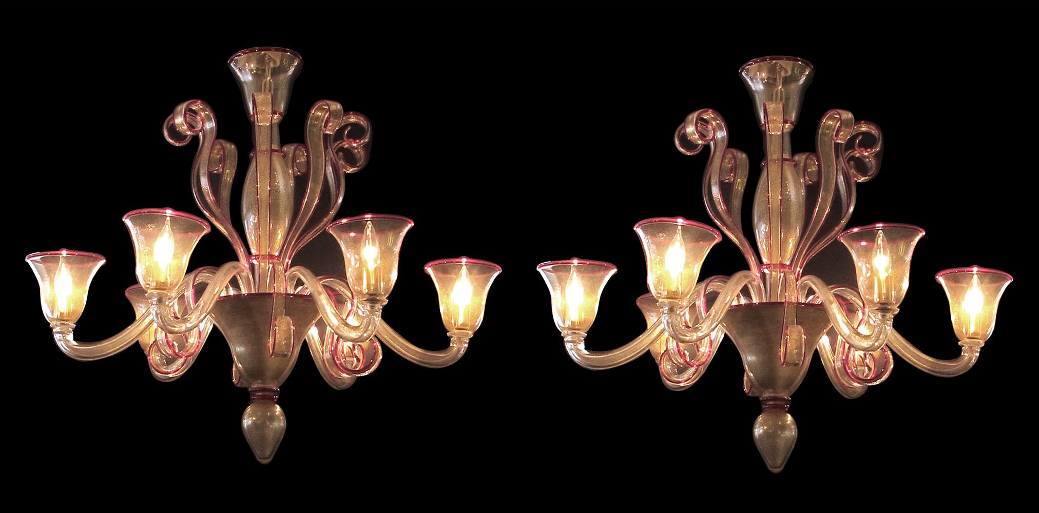 Mid-20th Century Chic Pair of Murano Gold-Aventurine 6-Light Chandeliers with Ruby-Red Edging