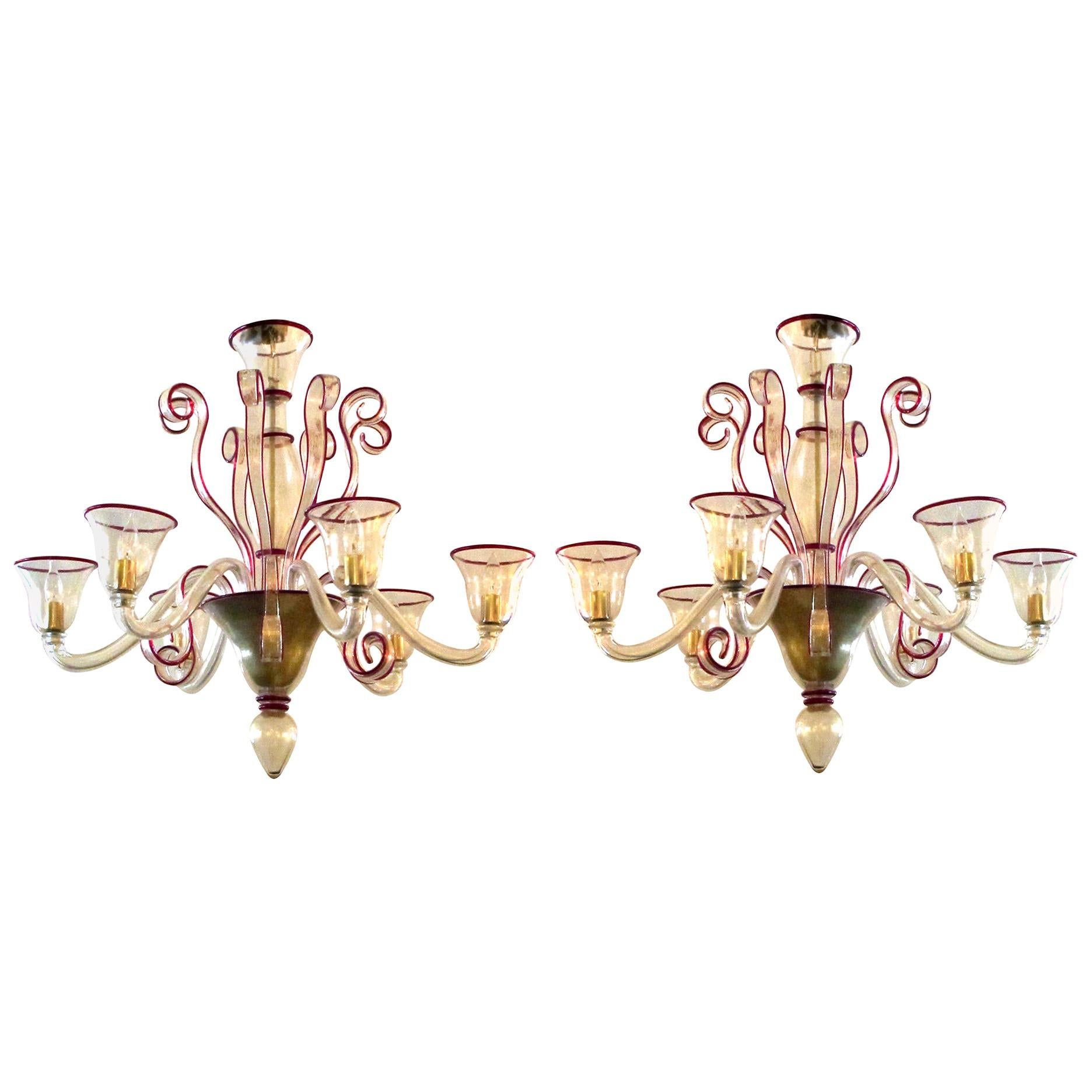 Chic Pair of Murano Gold-Aventurine 6-Light Chandeliers with Ruby-Red Edging