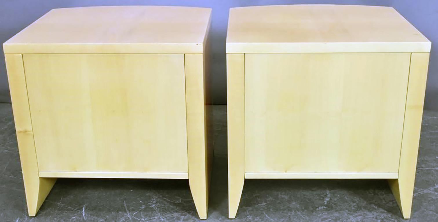 Contemporary Chic Pair of Nightstands/End Tables in a Soft Yellow Lacquer with Brass Details