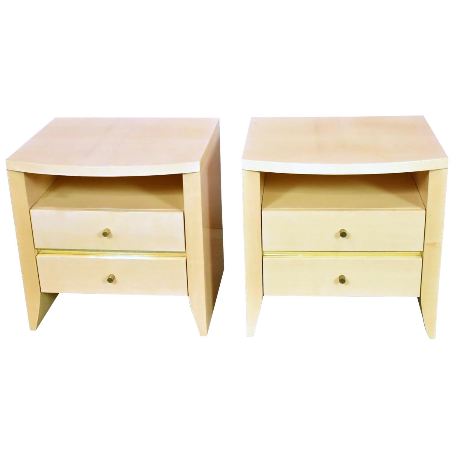 Chic Pair of Nightstands/End Tables in a Soft Yellow Lacquer with Brass Details