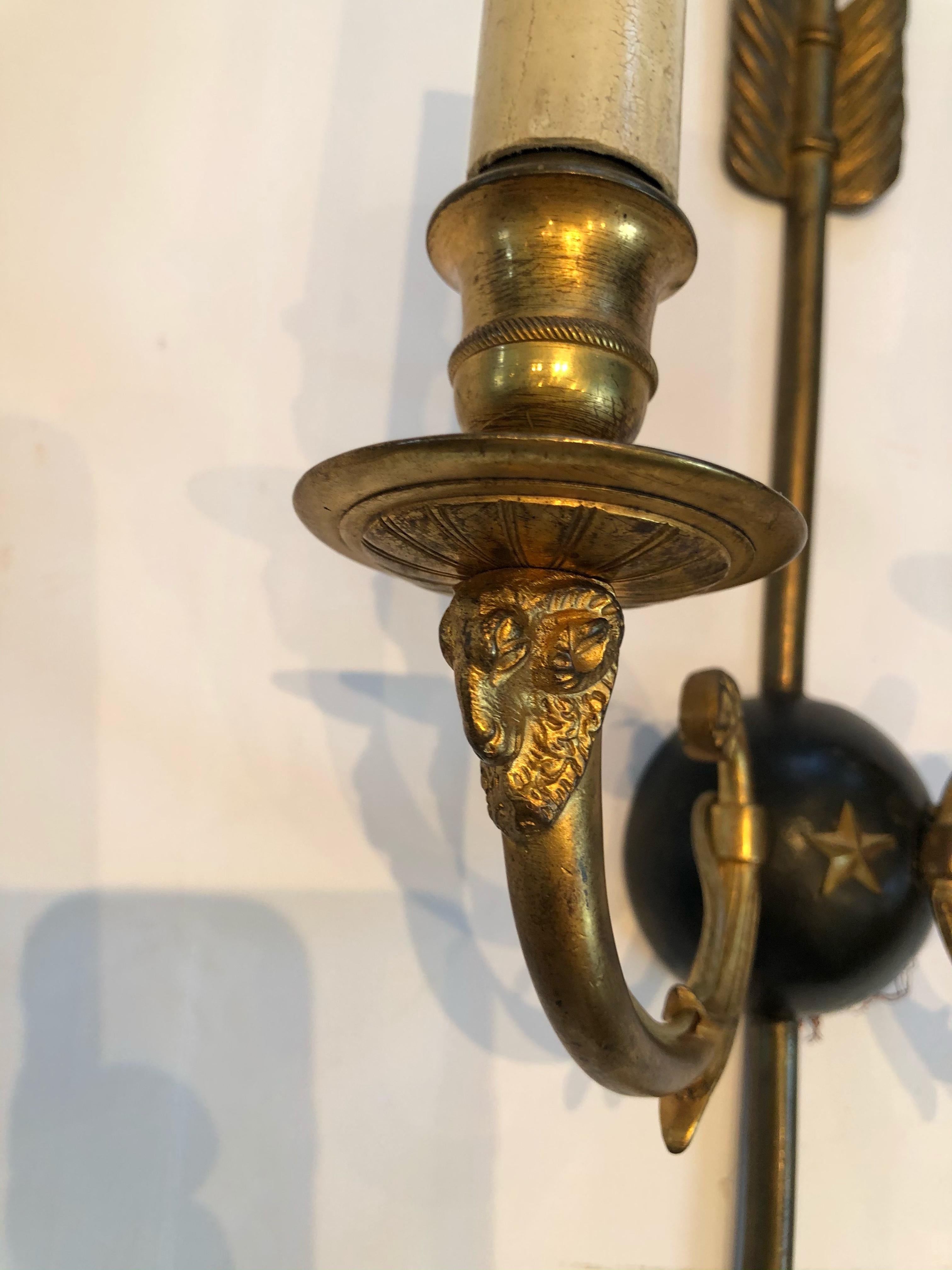 American Chic Pair of Regency Style Arrow Motif Wall Sconces with Rams Head Decoration
