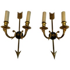 Chic Pair of Regency Style Arrow Motif Wall Sconces with Rams Head Decoration