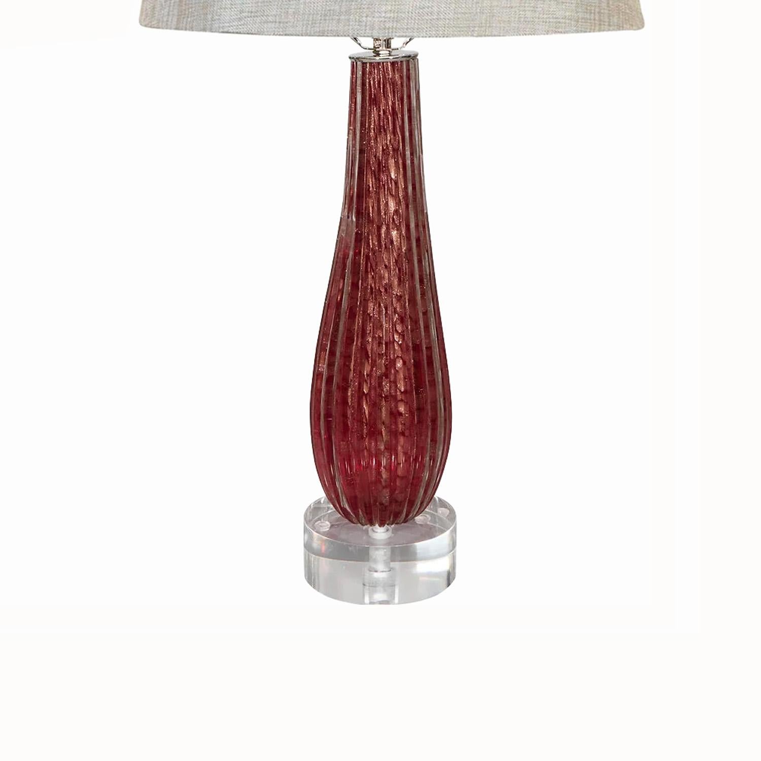 Mid-Century Modern Chic Pair of Ruby Red Murano Rigadin Glass Lamps For Sale