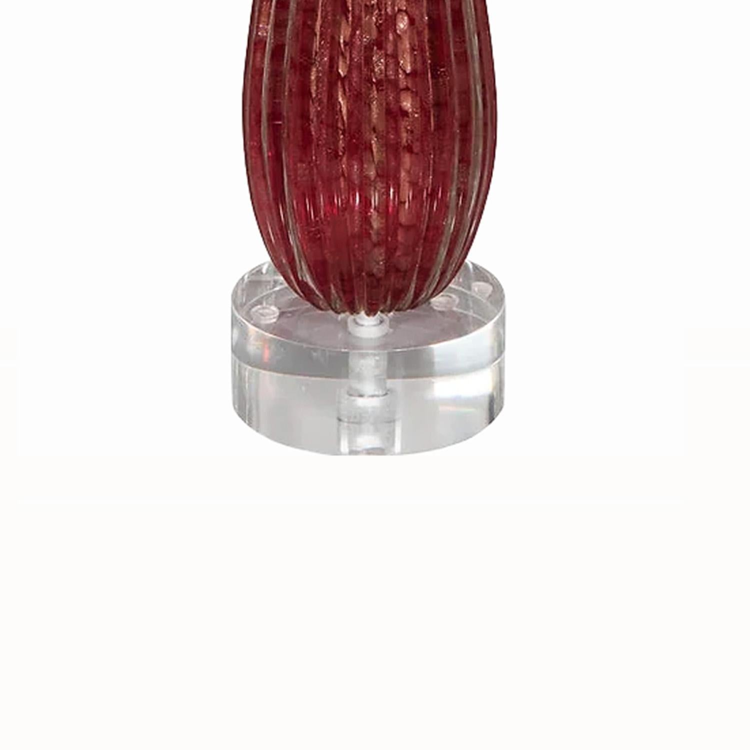 Italian Chic Pair of Ruby Red Murano Rigadin Glass Lamps For Sale