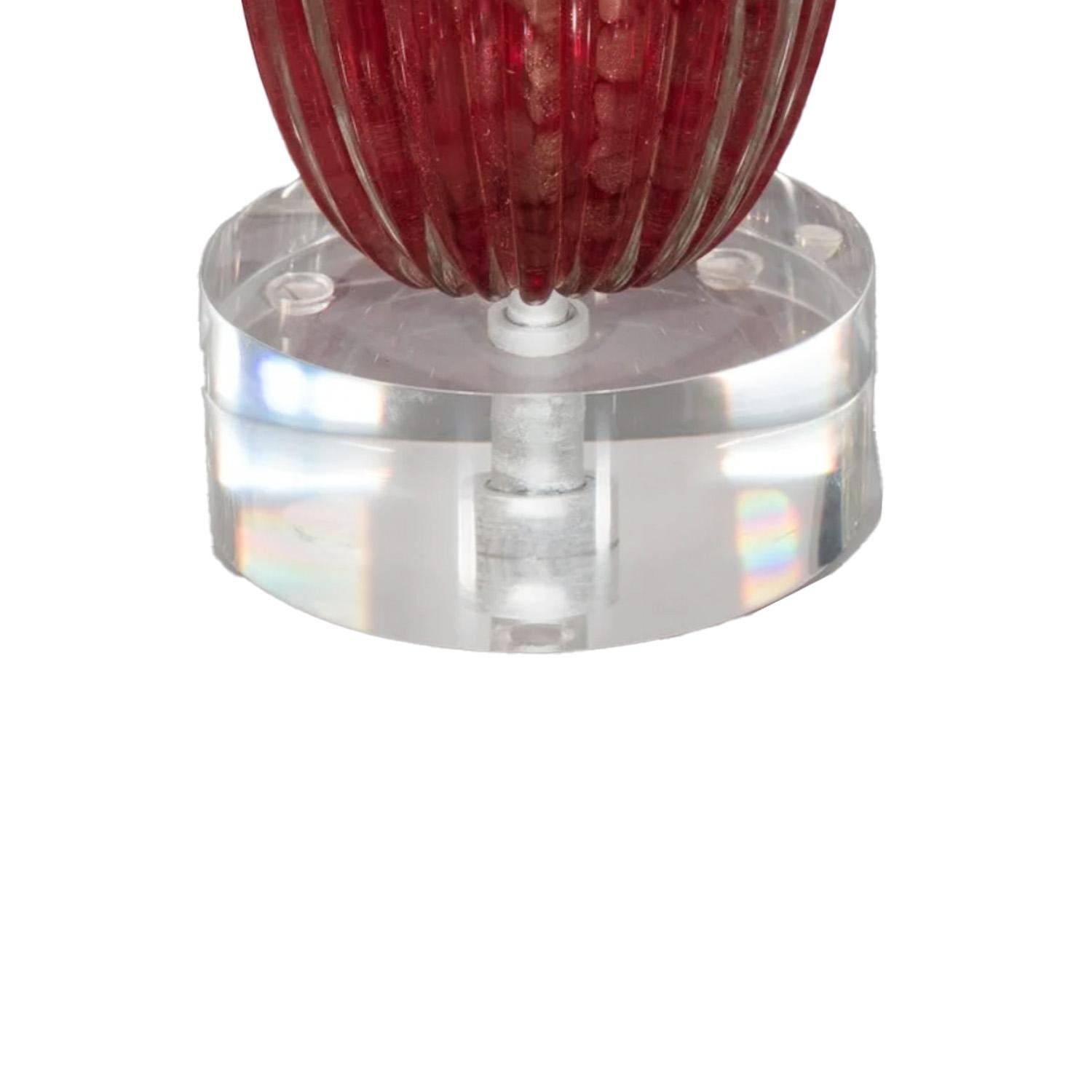 Hand-Crafted Chic Pair of Ruby Red Murano Rigadin Glass Lamps For Sale