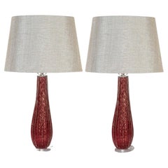 Chic Pair of Ruby Red Murano Rigadin Glass Lamps