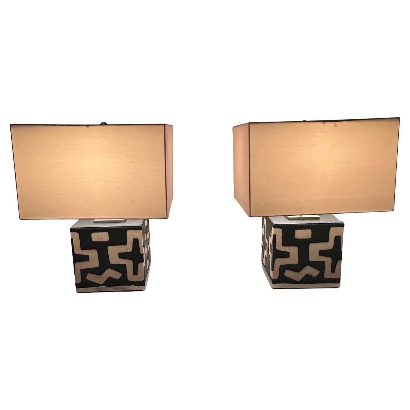 Chic Pair of Tribal Mud Cloth Motif Table Lamps