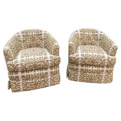 Vintage Chic Pair of Tub Shaped Swivel Upholstered Club Chairs