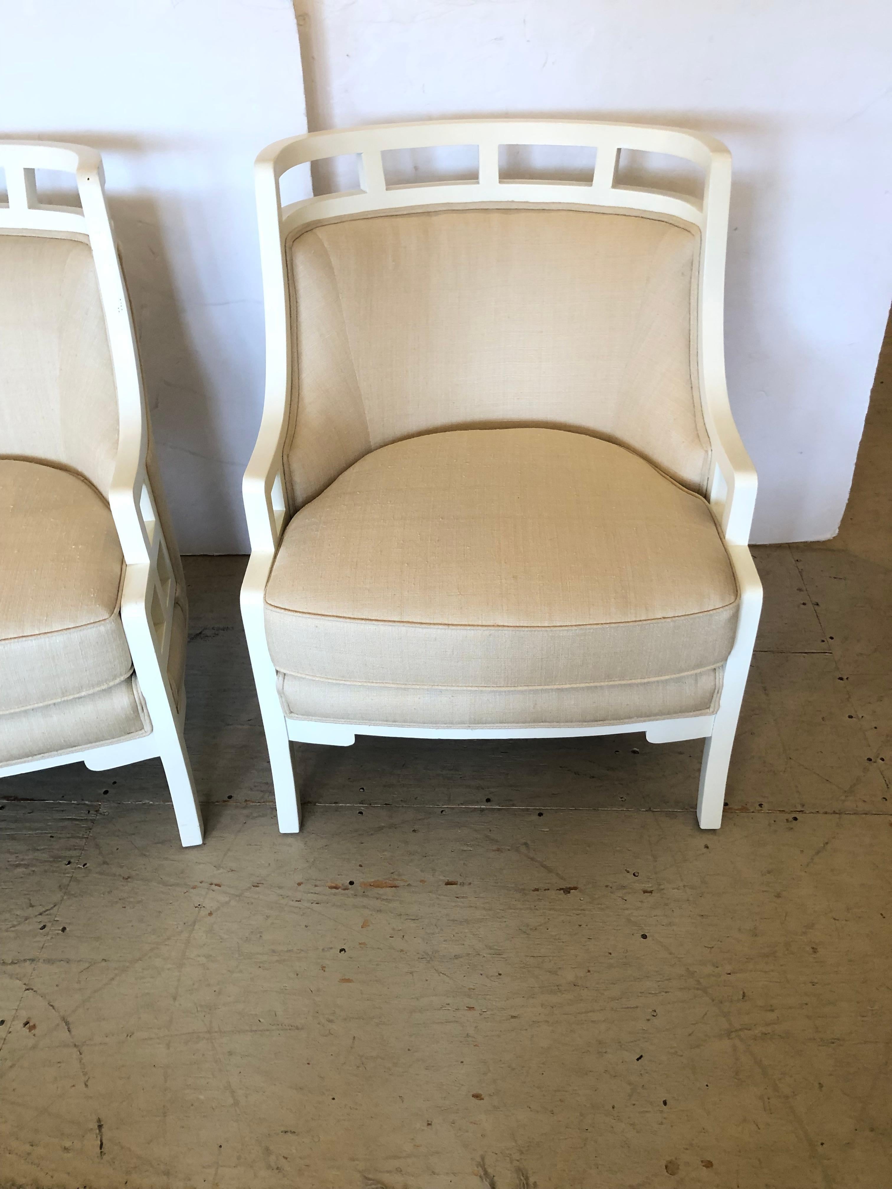 Chic Pair of White Painted Barrel Back Club Chairs Upholstered in Linen For Sale 6