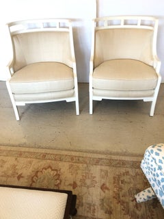 Chic Pair of White Painted Barrel Back Club Chairs Upholstered in Linen