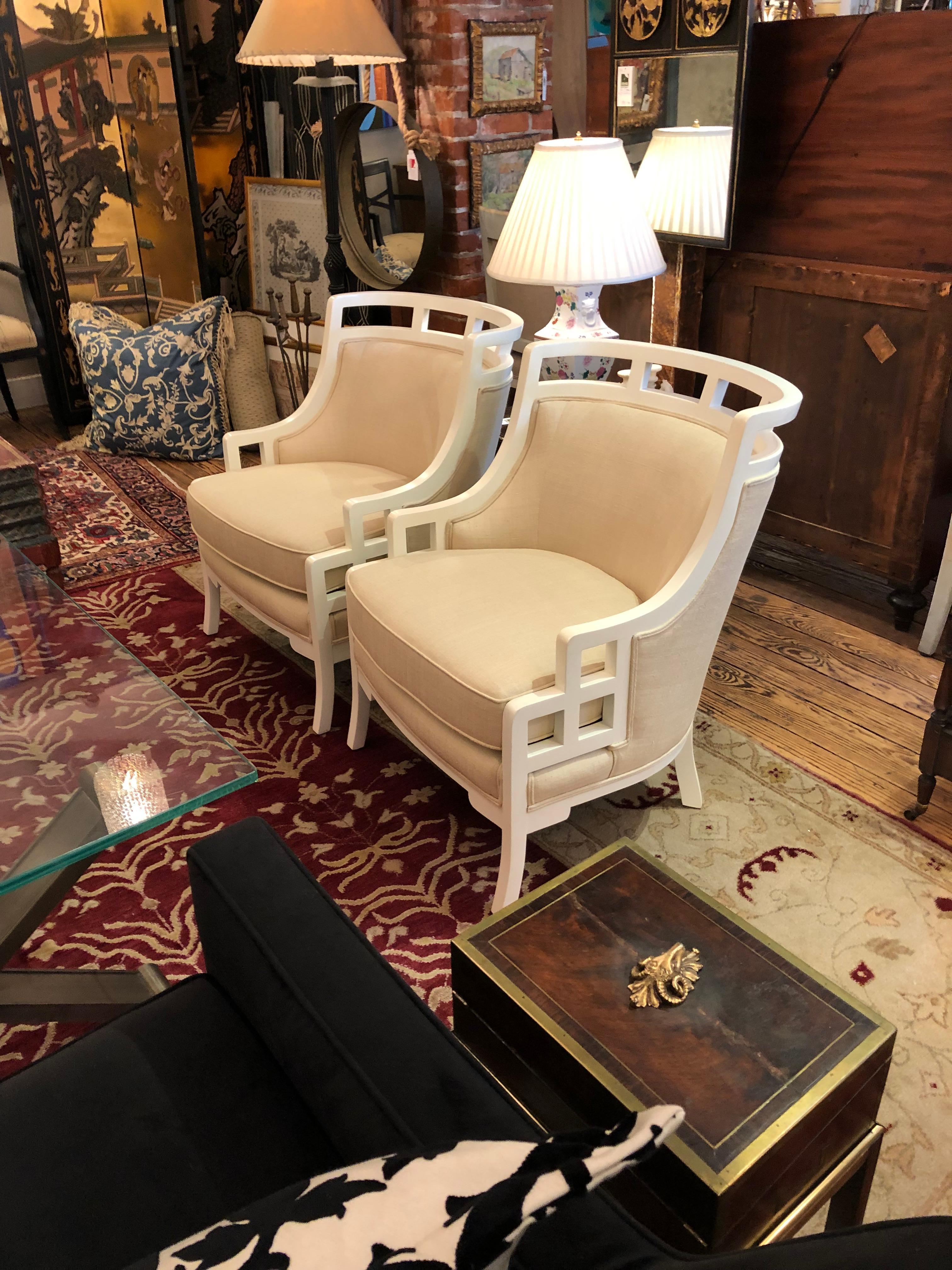 Hollywood Regency Chic Pair of White Painted Barrel Back Club Chairs Upholstered in Linen For Sale