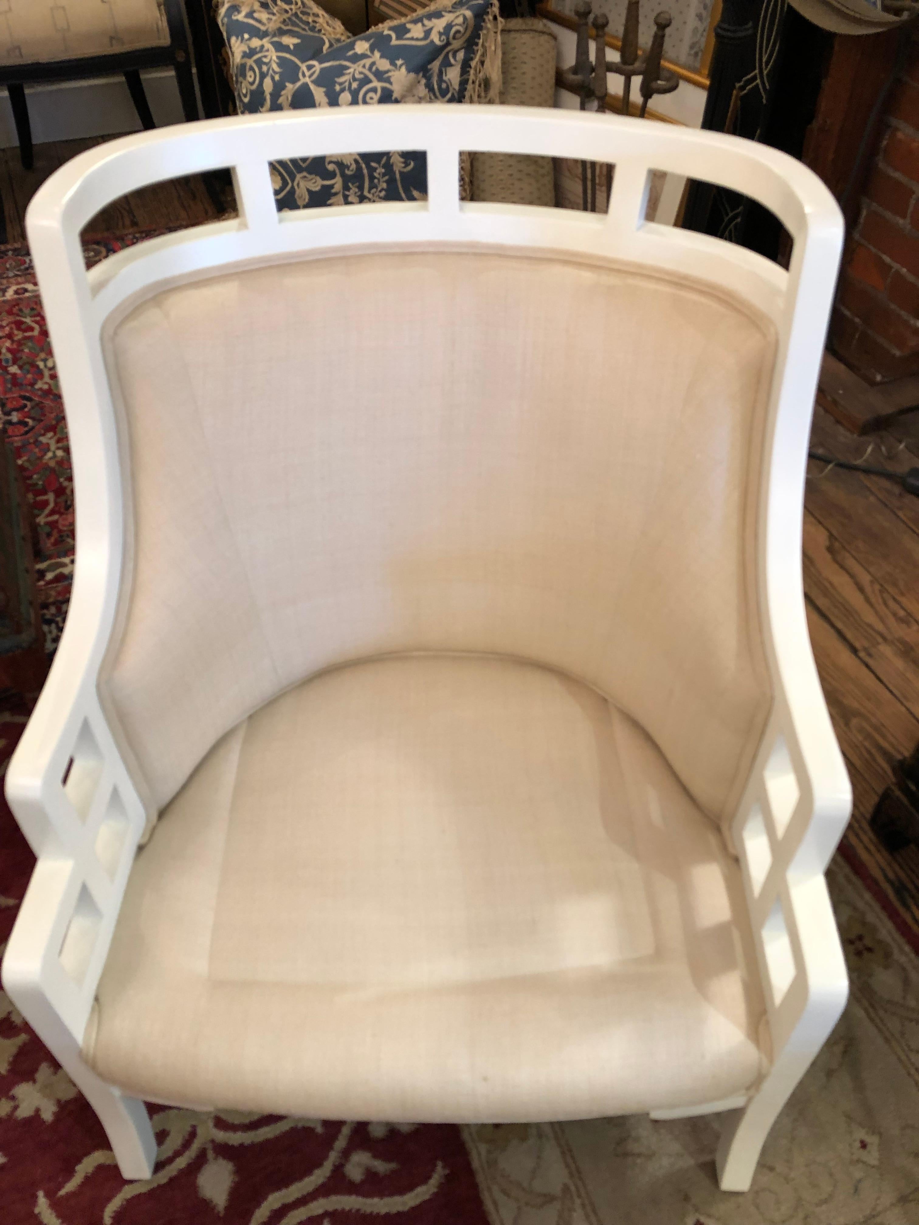 Late 20th Century Chic Pair of White Painted Barrel Back Club Chairs Upholstered in Linen For Sale