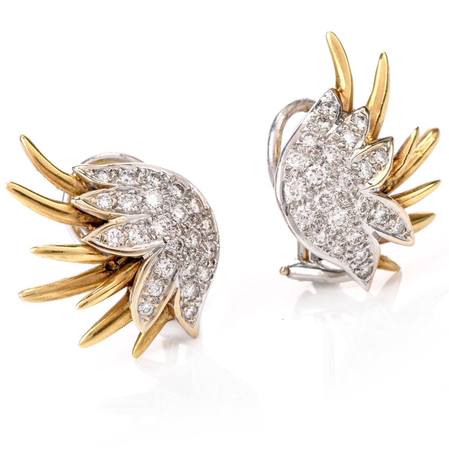 These  Stylish 18K Two Toned Gold Pave Diamond Earrings were inspired in a Fanning Wing motif from an important designer.

Bright white Pave set Diamonds mounting in white gold adorn the center of the earrings.  Weighing approx. 1.58 carat total,