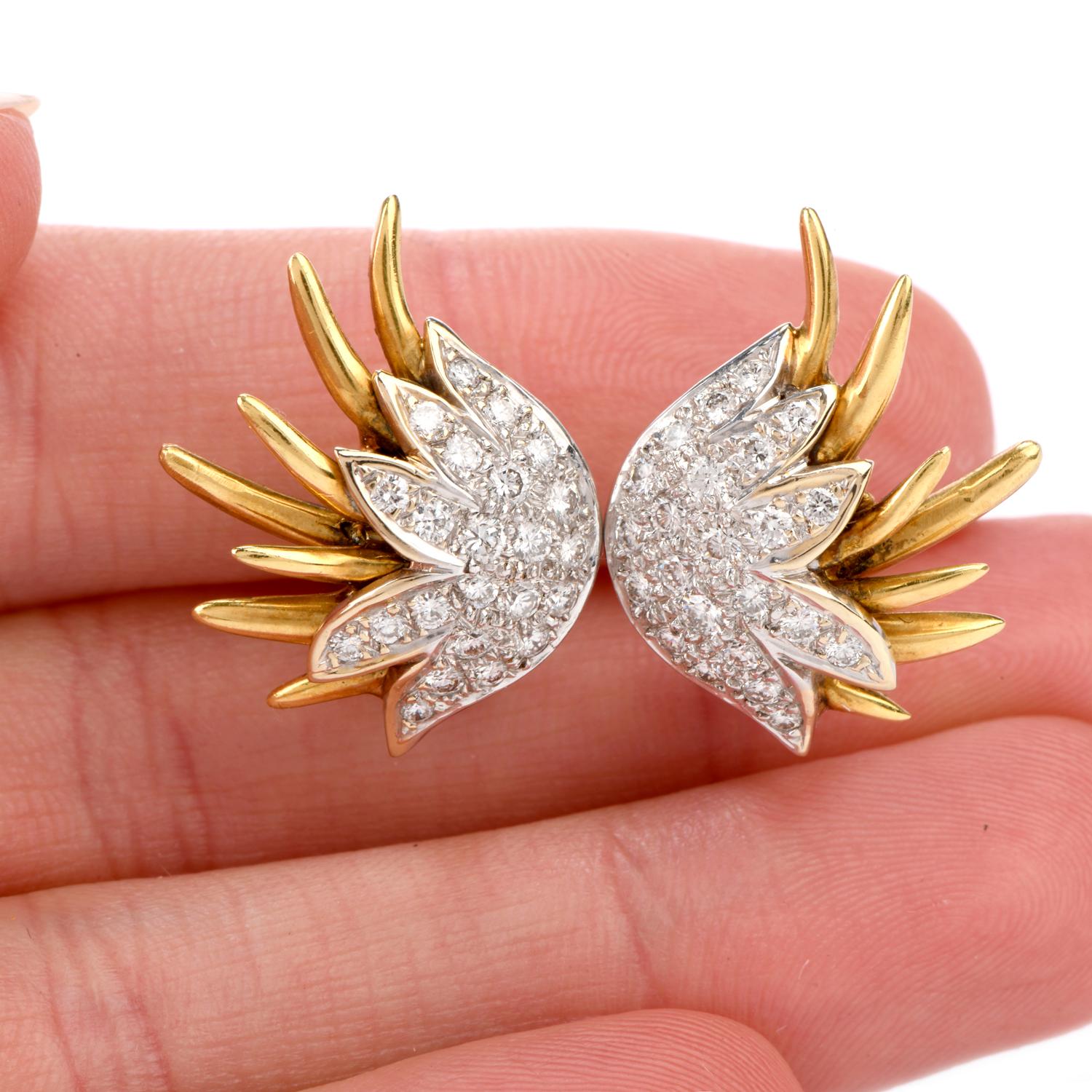 Women's Chic Pave Diamond Winged 18 Karat Two-Toned Omega Clip Earrings