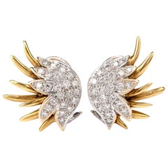 Chic Pave Diamond Winged 18 Karat Two-Toned Omega Clip Earrings