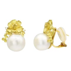 Chic Pearl Diamond Yellow 18K Gold Earrings  for Her