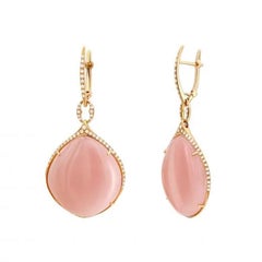 Chic Pink Quartz 49.78 ct Diamond Yellow 18k Gold Dangle Earrings for Her