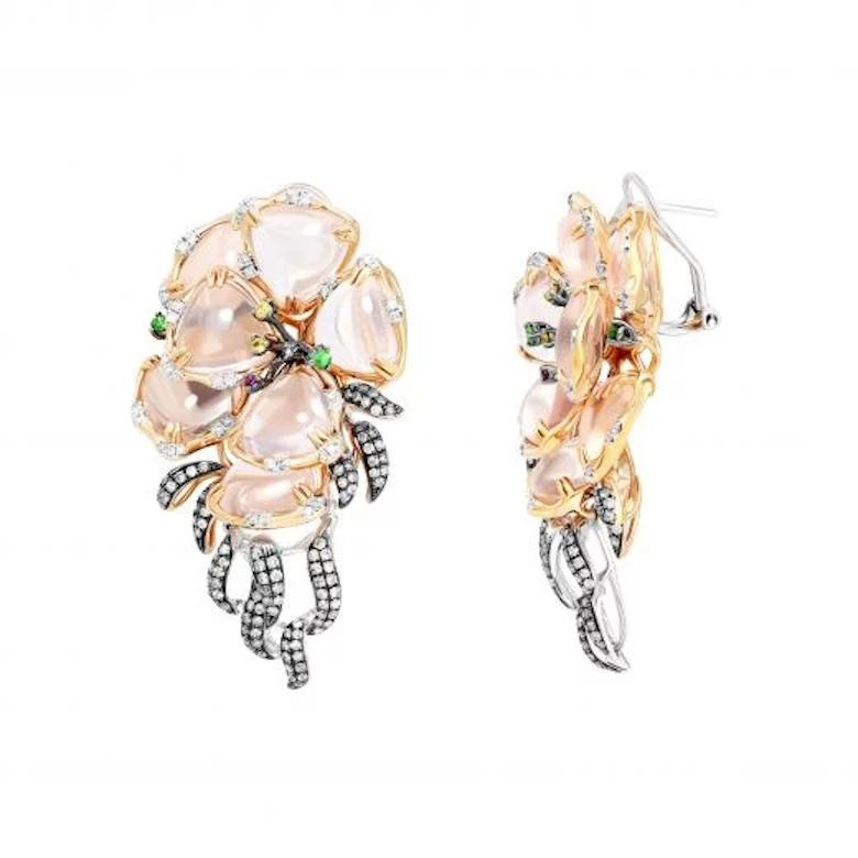 Rose Cut Chic Pink Quartz Yellow Sapphire Garnet Diamond Earrings White 14K Gold for Her For Sale