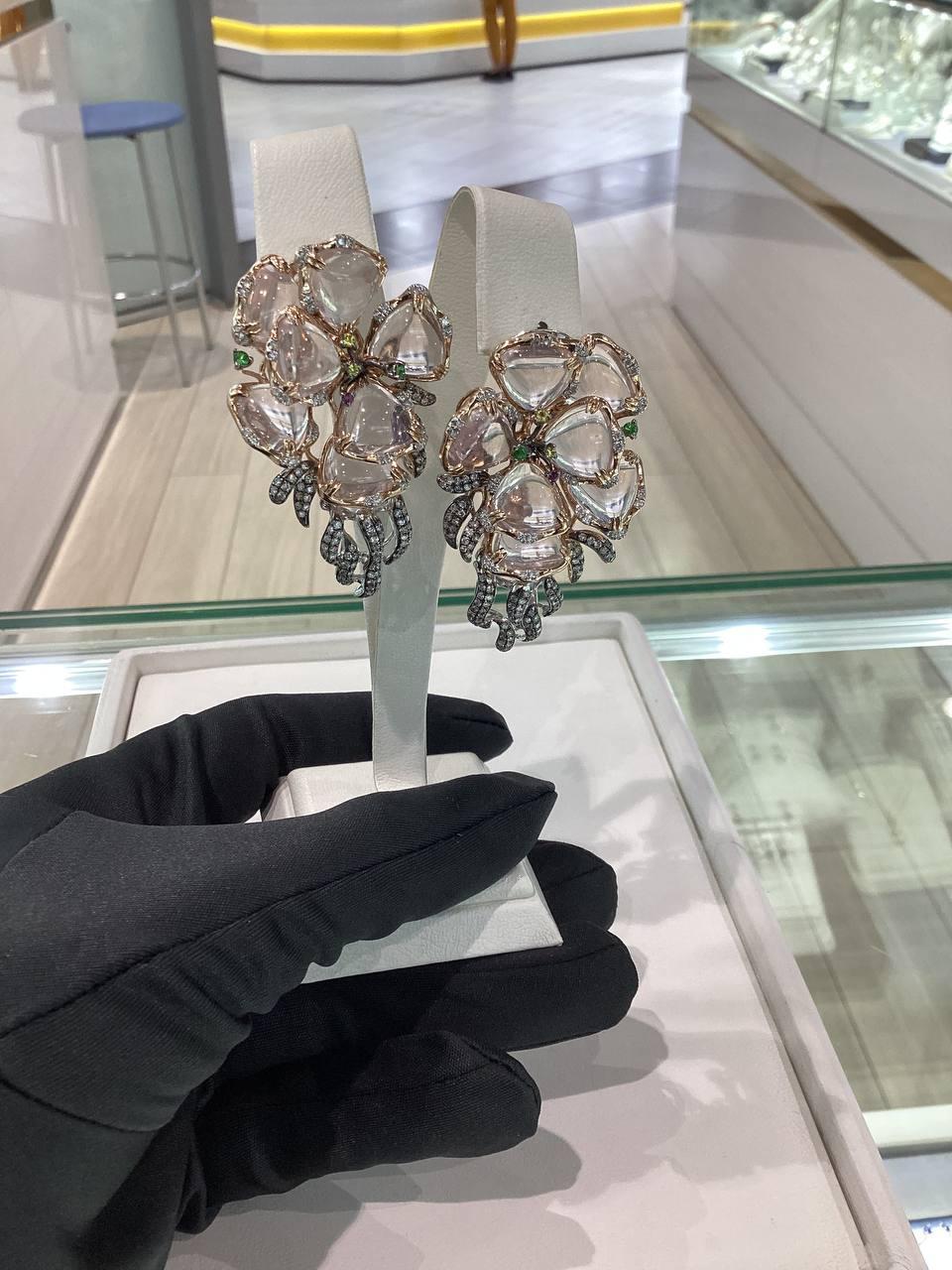 Women's Chic Pink Quartz Yellow Sapphire Garnet Diamond Earrings White 14K Gold for Her For Sale