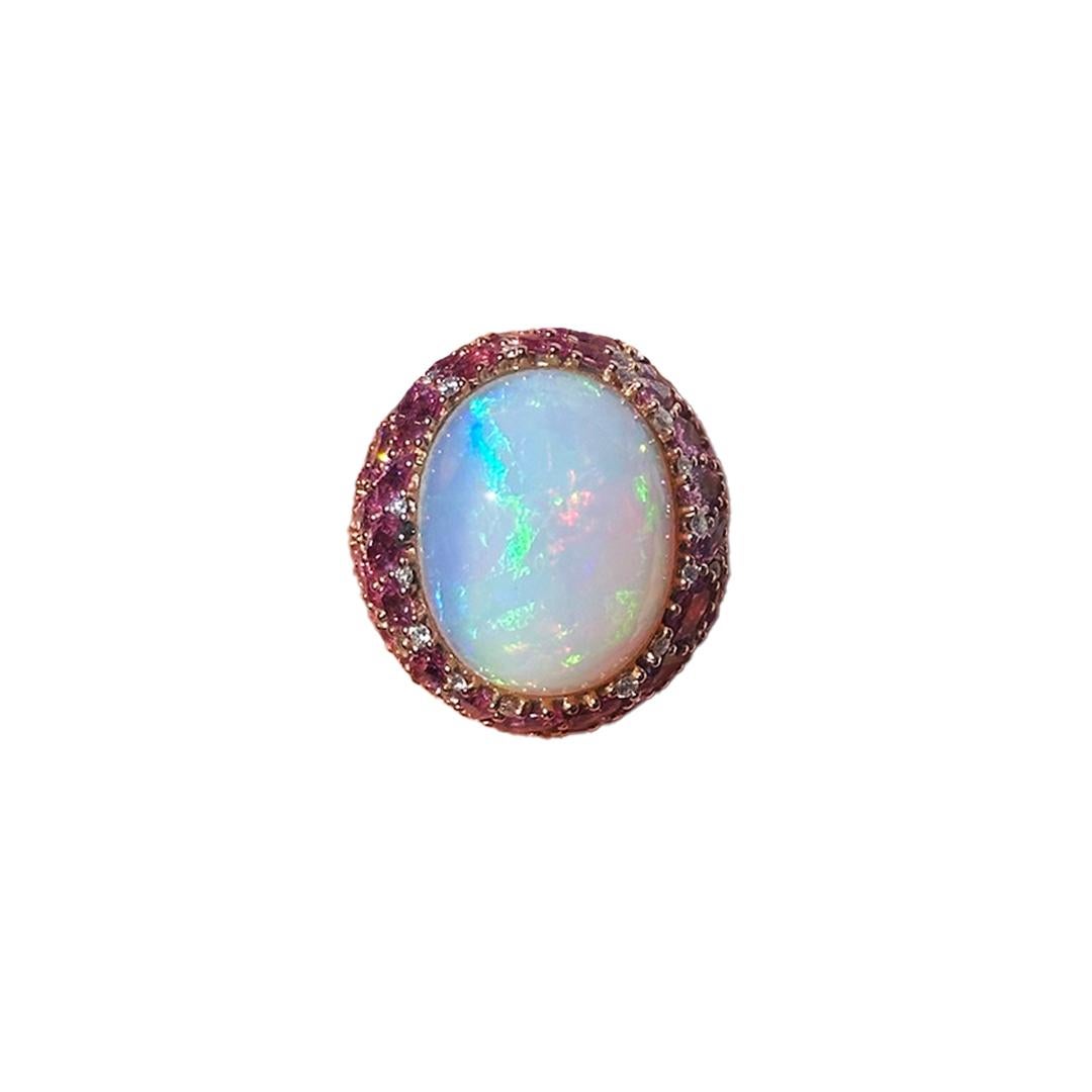 Chic Pink Sapphire Opal Diamonds 18K Yellow Exclusive Ring In New Condition For Sale In Genève, GE