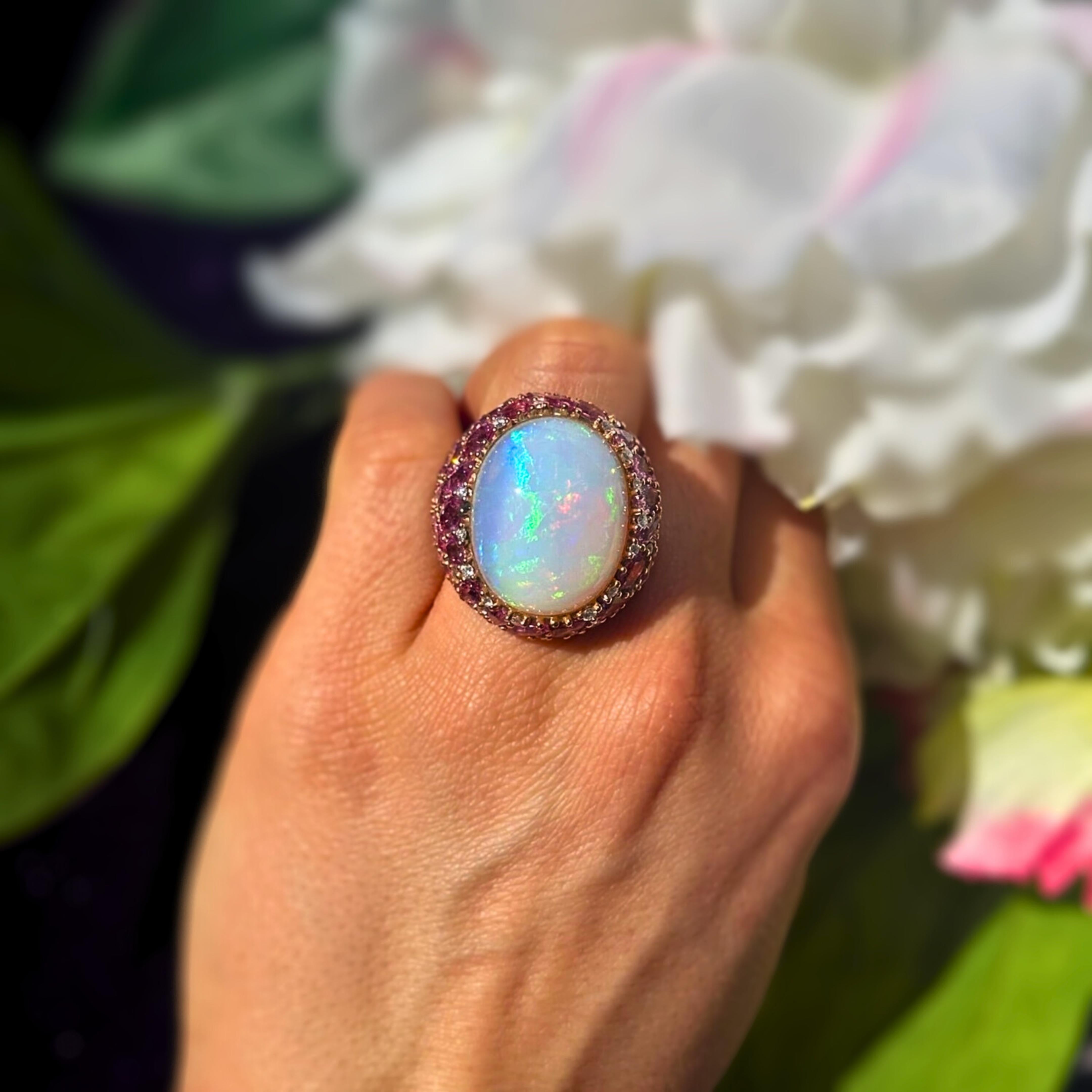 Women's Chic Pink Sapphire Opal Diamonds 18K Yellow Exclusive Ring For Sale