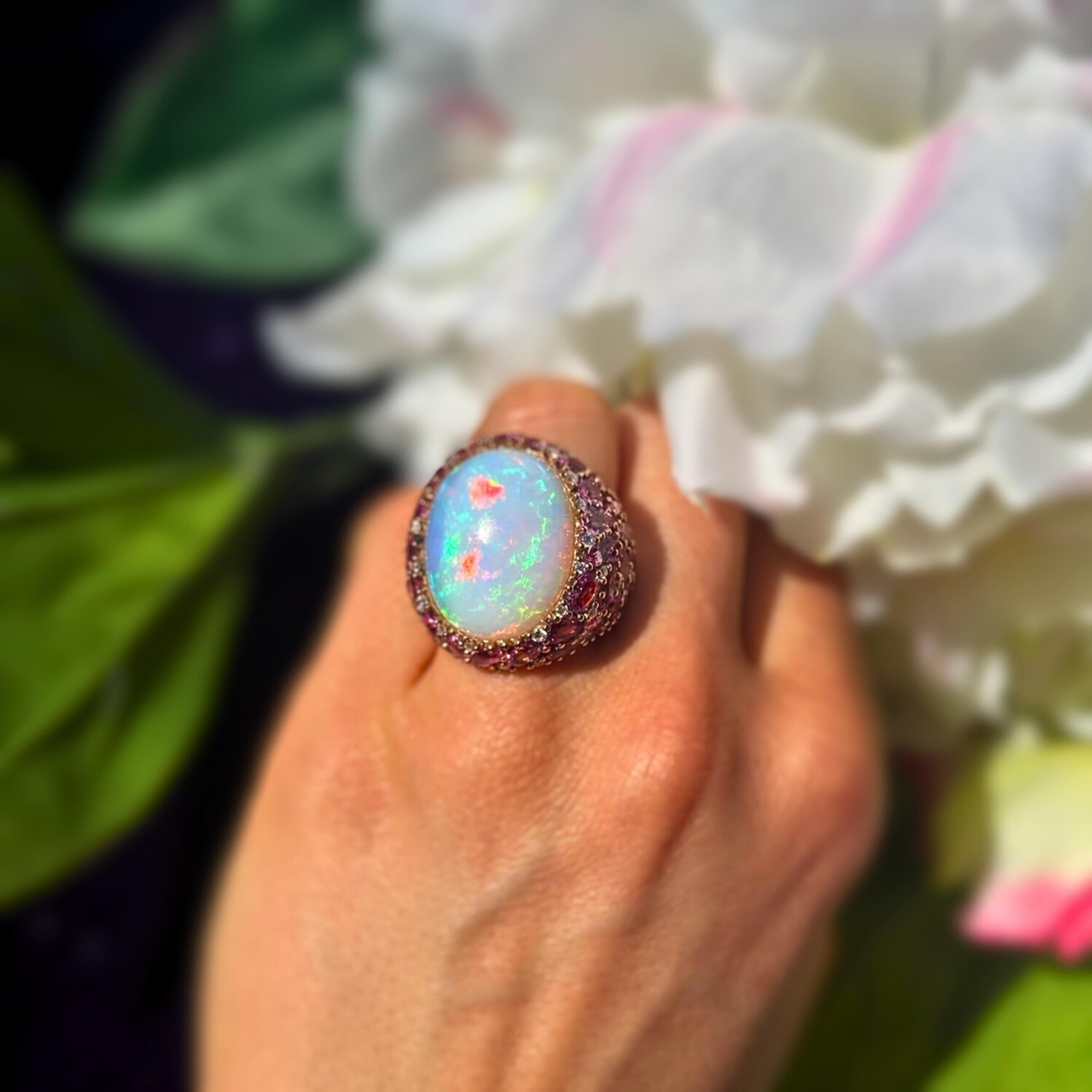 Chic Pink Sapphire Opal Diamonds 18K Yellow Exclusive Ring For Sale 1