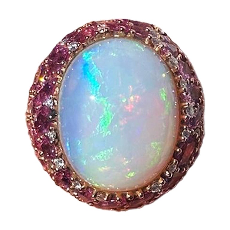 Bague exclusive jaune 18 carats, saphir rose, opale et diamants en vente