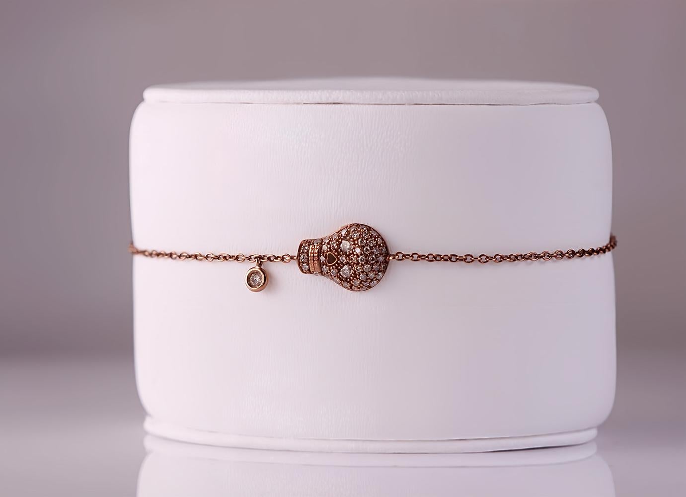 Contemporary Chic Rebel: Bronze-Rhodium Rose Gold Bracelet 18kt with Diamond-Studded Skull For Sale