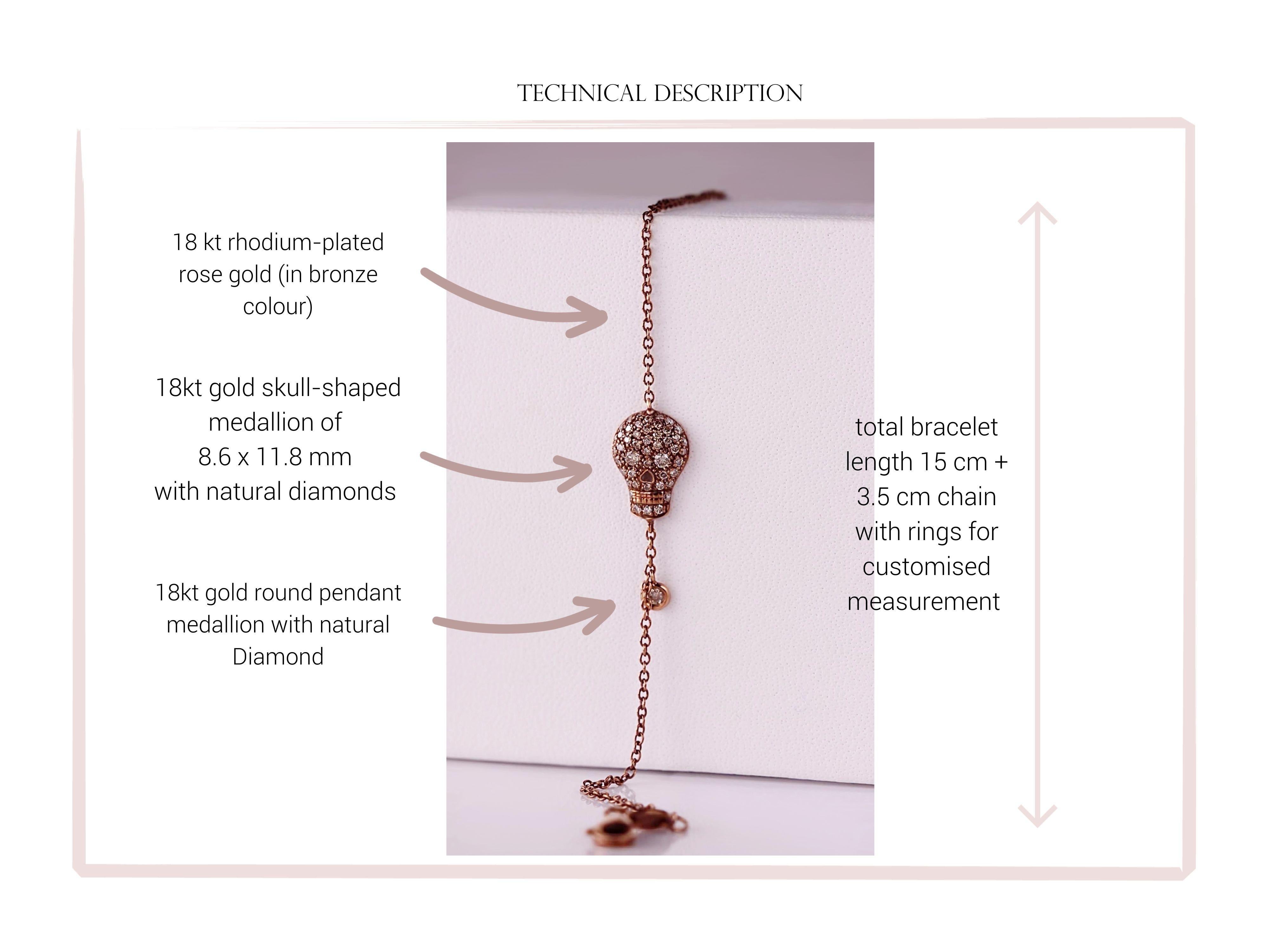 Women's or Men's Chic Rebel: Bronze-Rhodium Rose Gold Bracelet 18kt with Diamond-Studded Skull For Sale
