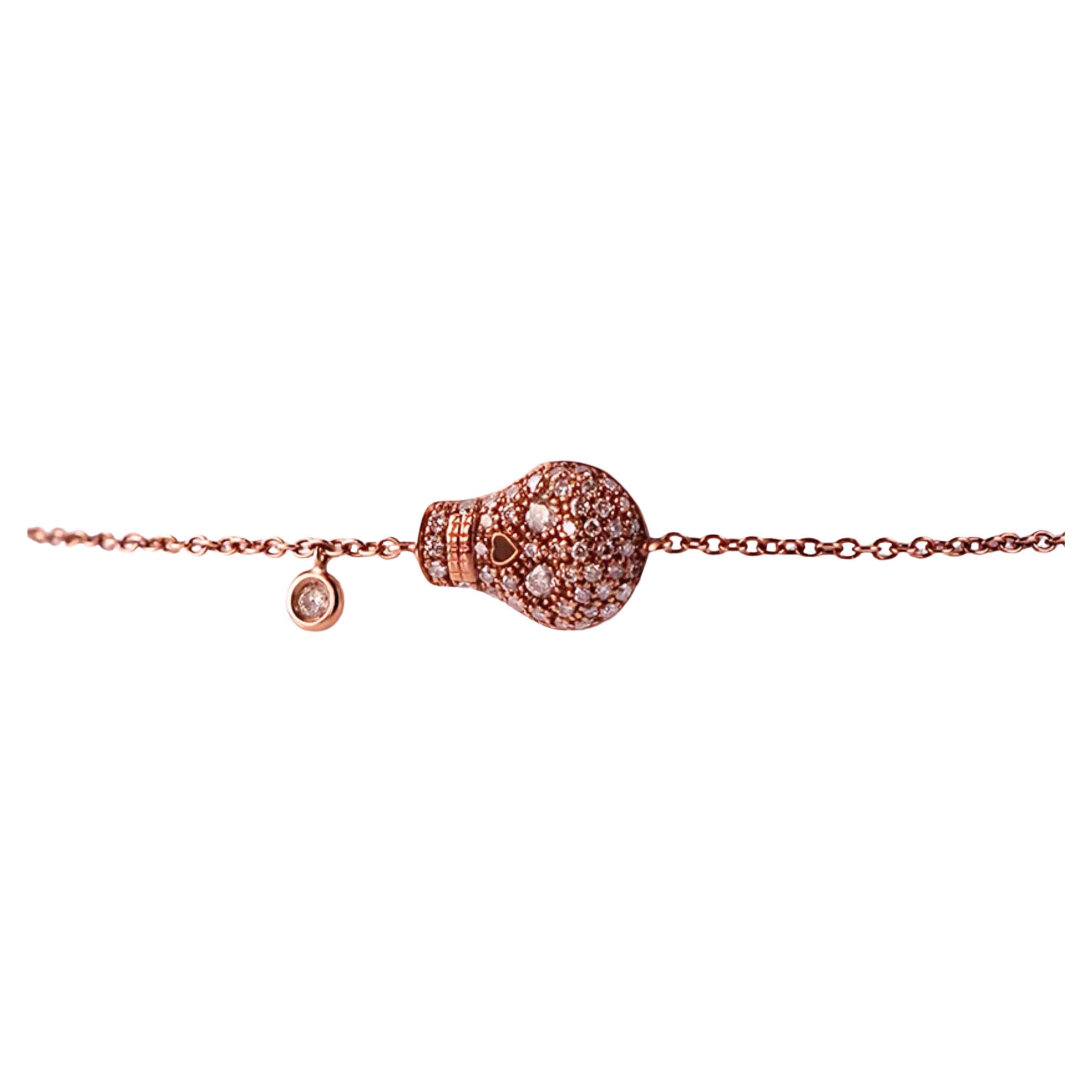 Chic Rebel: Bronze-Rhodium Rose Gold Bracelet 18kt with Diamond-Studded Skull For Sale