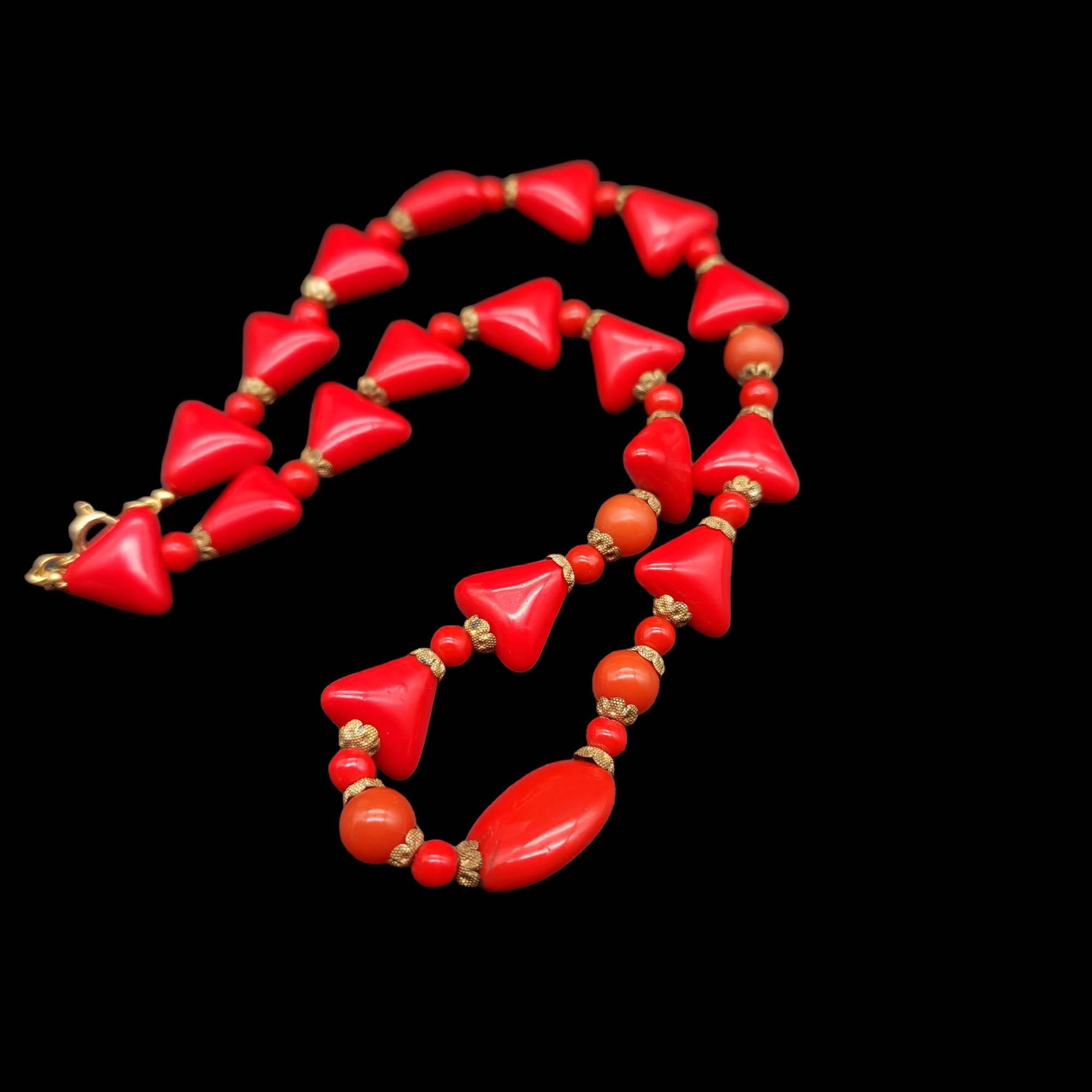 Retro Chic Red Lucite Bead Necklace, Triangle & Round Beads Gold-Filled Clasp, Vintage For Sale