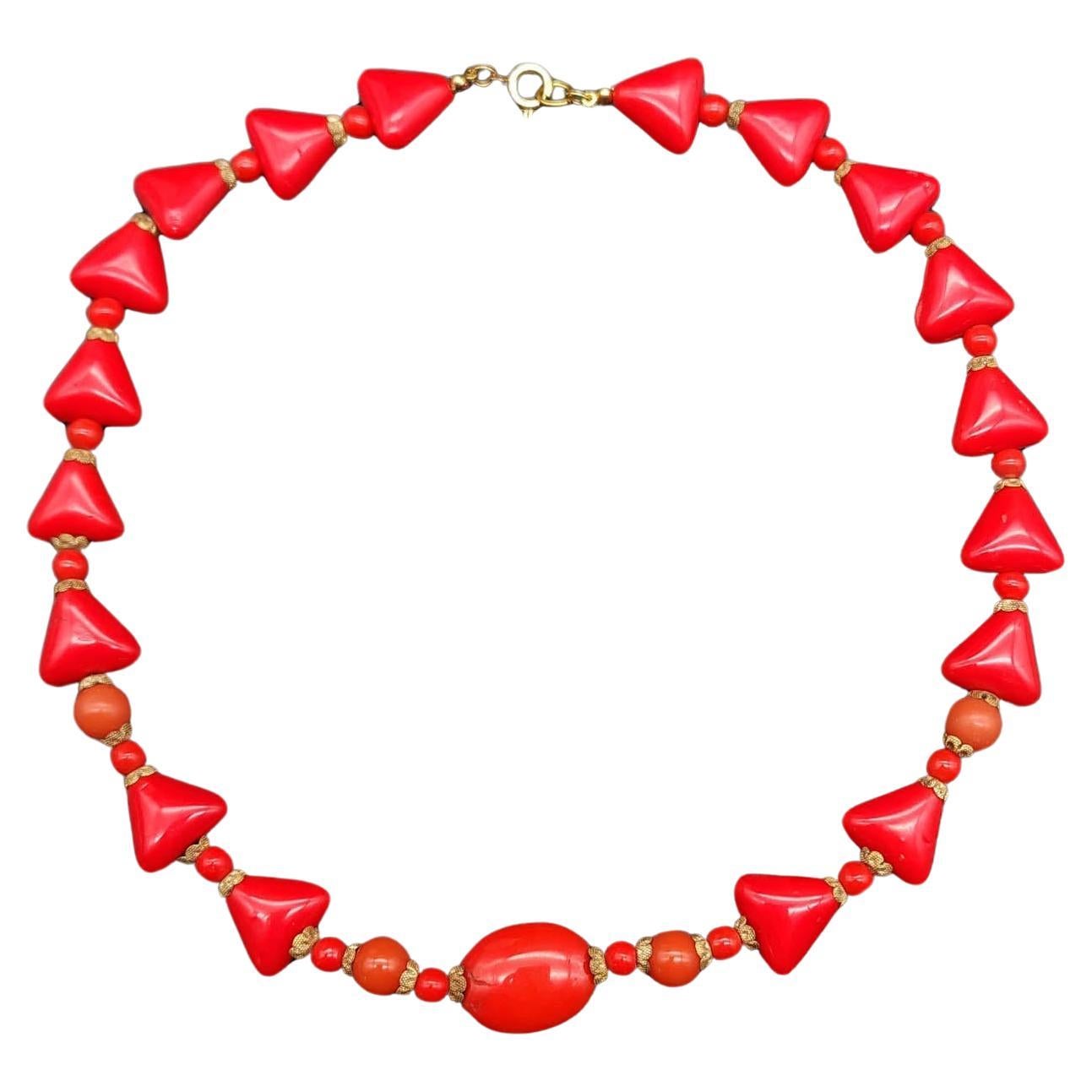 Chic Red Lucite Bead Necklace, Triangle & Round Beads Gold-Filled Clasp, Vintage For Sale