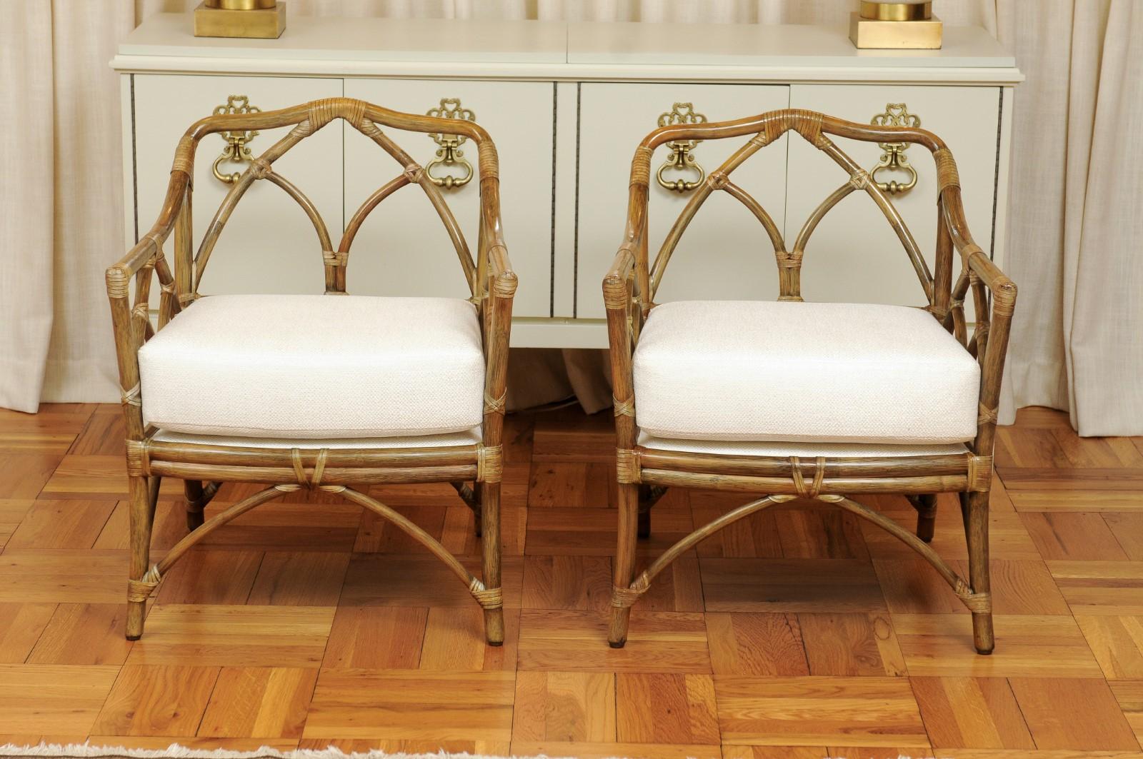 Late 20th Century Chic Restored Pair Modern Cathedral Back Loungers by McGuire, circa 1975 For Sale