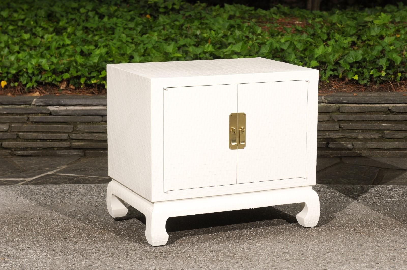 Organic Modern Chic Restored Pair of Cream Lacquer Raffia Commodes by Baker, circa 1975 For Sale