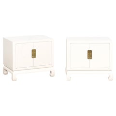 Chic Restored Pair of Cream Lacquer Raffia Commodes by Baker, circa 1975