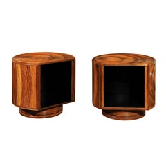 Chic Restored Pair of Swivel Bamboo and Black Lacquer End Tables, circa 1975