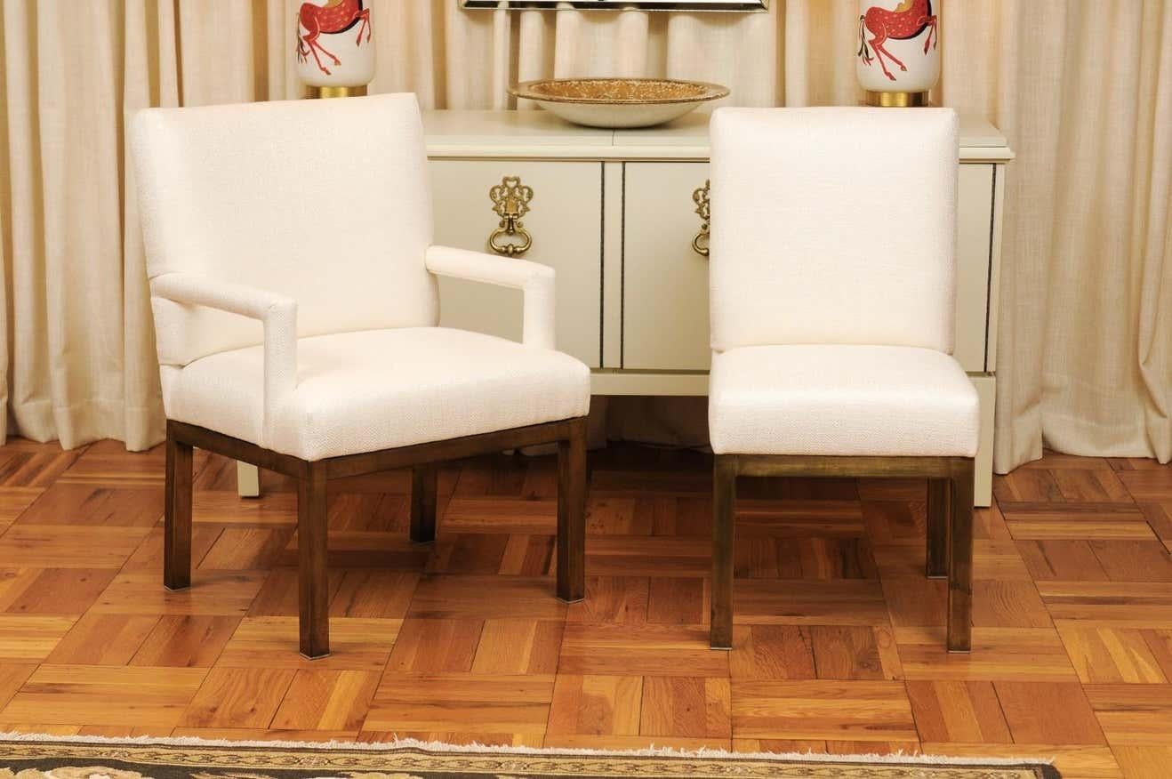 These magnificent dining chairs are shipped as professionally photographed and described in the listing narrative, completely installation ready. This large set of difficult to find examples is unique on the market. Expert custom upholstery service