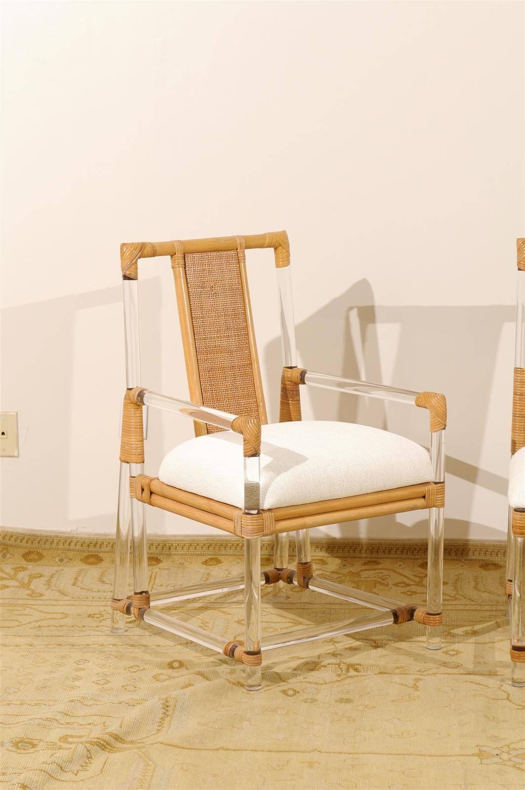 Mid-Century Modern Staggering Restored Set of 8 Iconic Lucite and Rattan Dining Chairs, circa 1975